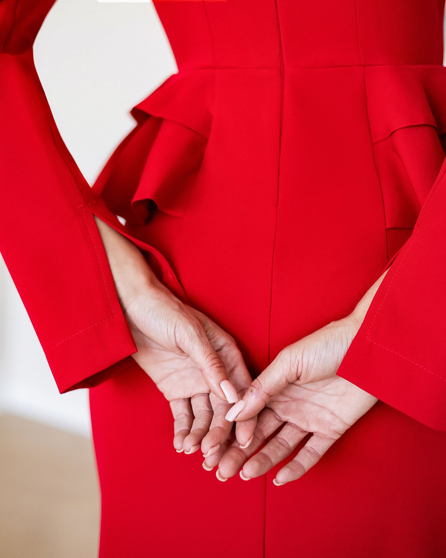 ELAGIA Paola Red Button-Detail Long Sleeve Peplum Midi Dress detail view - 3 piece women's suit purple business suit women