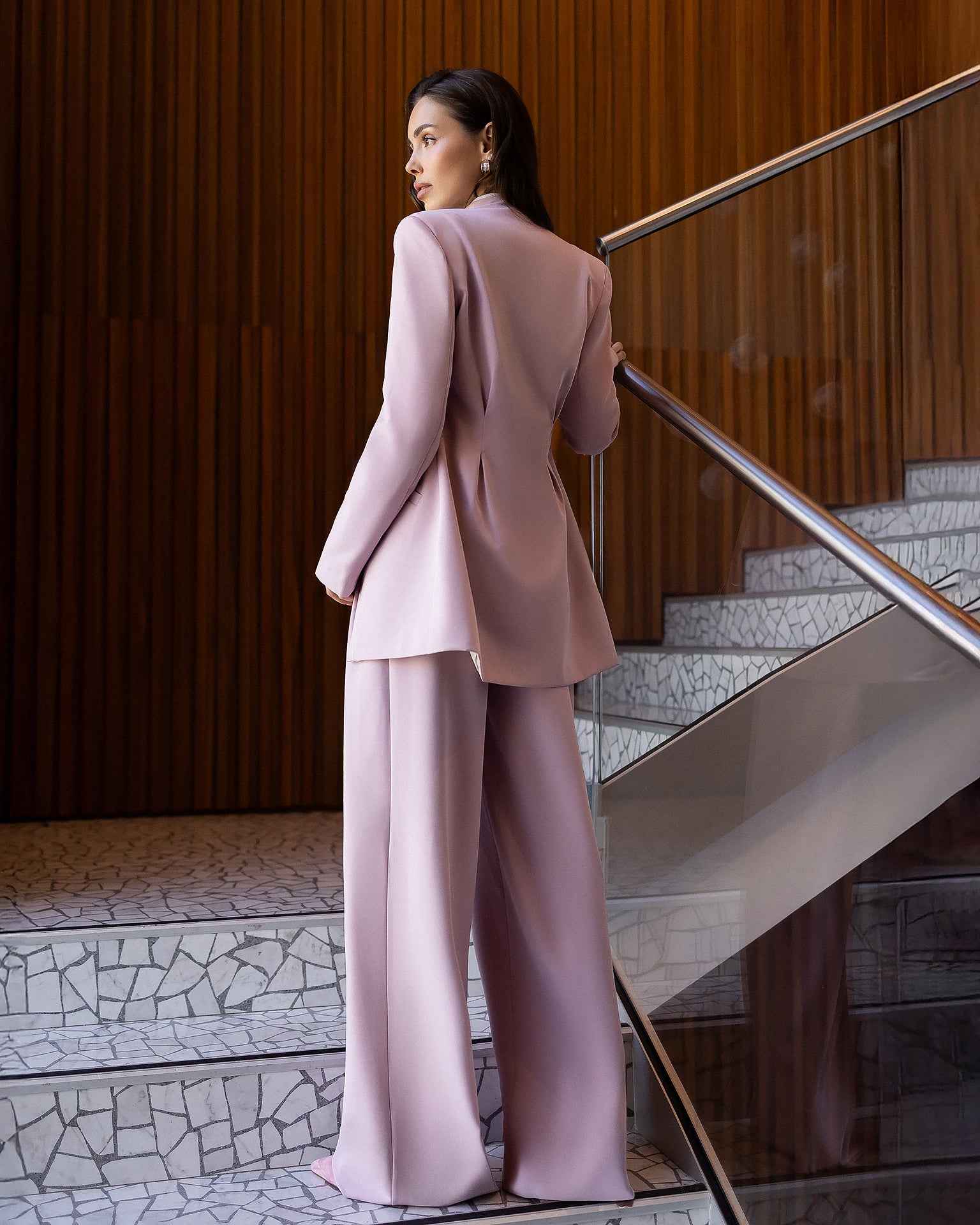 ELAGIA Avra dusty-pink asymmetric double-breasted longline blazer suit 2-piece front view - 3 piece women's suit