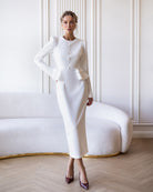 ELAGIA Paola White Button-Detail Long Sleeve Peplum Midi Dress front view - 3 piece women's suit purple business suit women