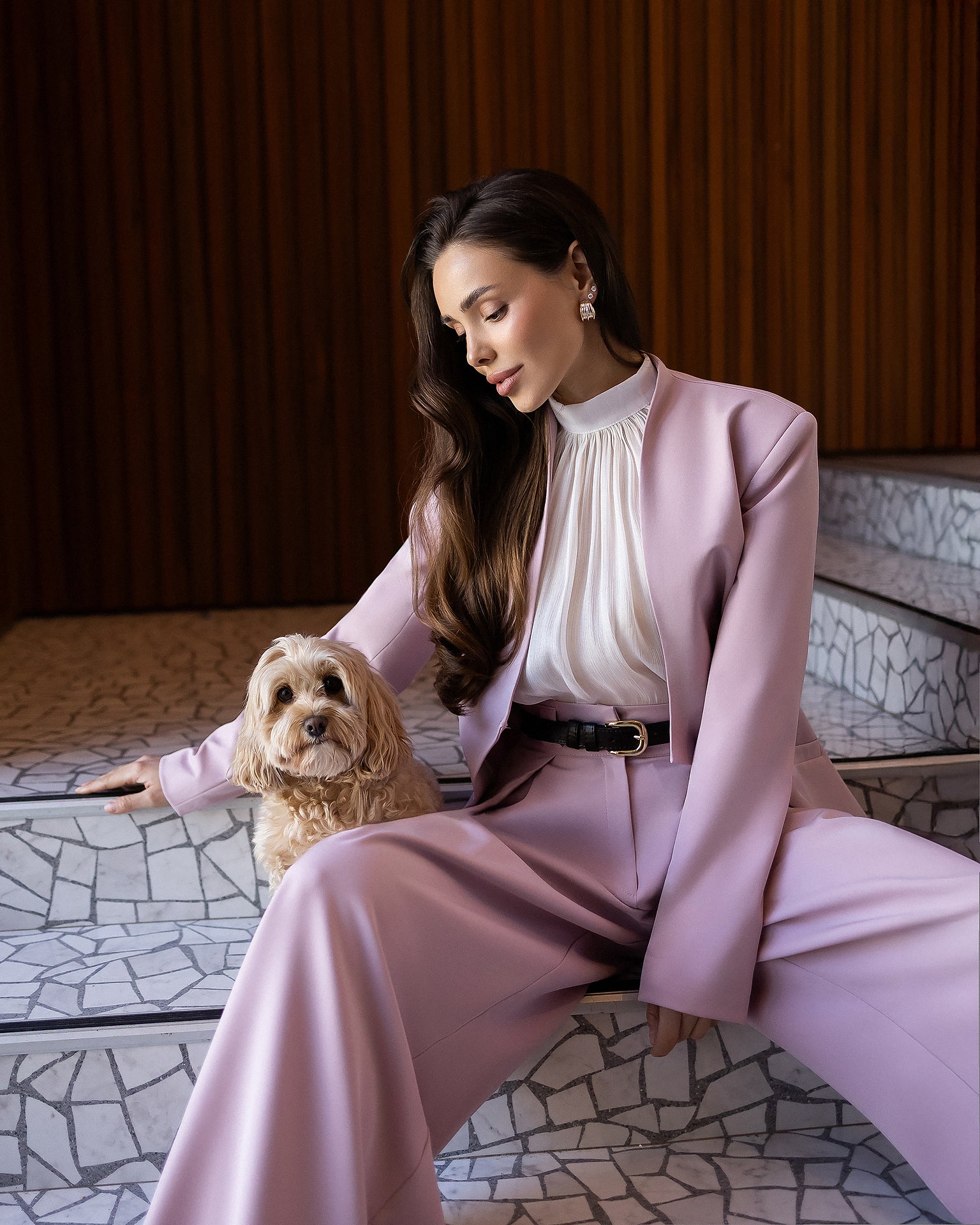 ELAGIA Avra dusty-pink asymmetric double-breasted longline blazer suit 2-piece front view - 3 piece women's suit