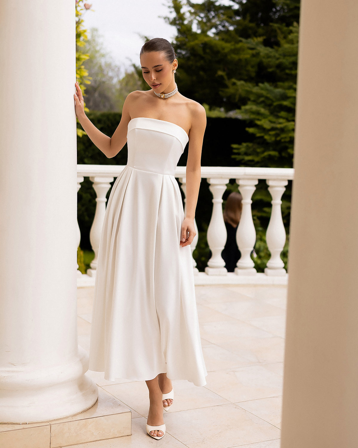 Brigitte White Satin Pleated Strapless A-Line Midi Dress