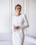 ELAGIA Paola White Button-Detail Long Sleeve Peplum Midi Dress detail view - 3 piece women's suit purple business suit women