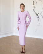 ELAGIA Paola Dusty-Pink Button-Detail Long Sleeve Peplum Midi Dress front view - 3 piece women's suit purple business suit