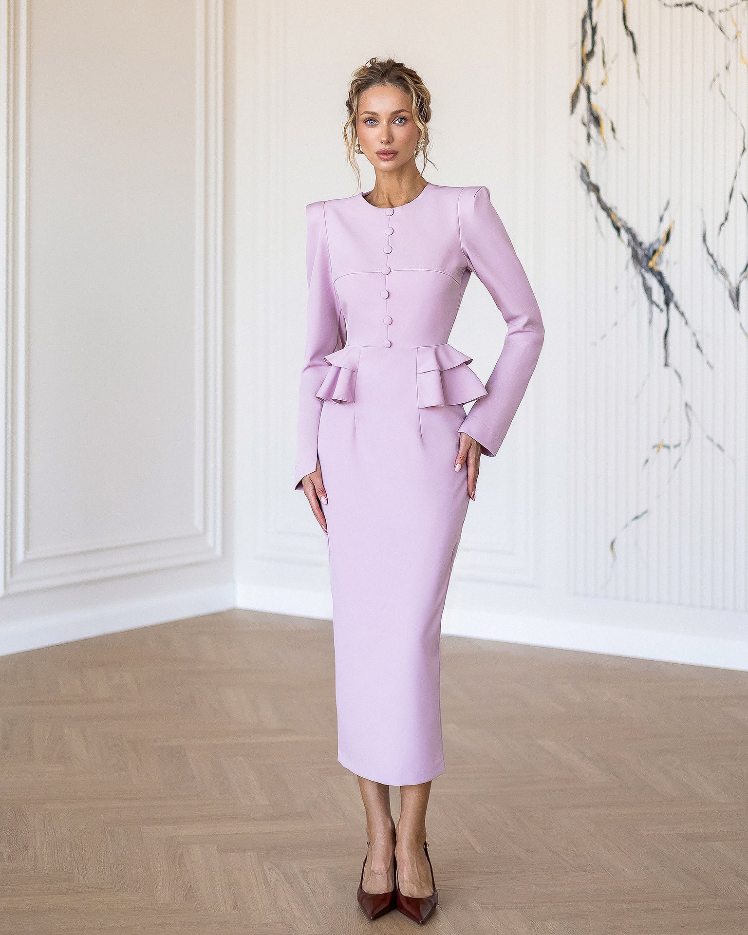 ELAGIA Paola Dusty-Pink Button-Detail Long Sleeve Peplum Midi Dress front view - 3 piece women's suit purple business suit