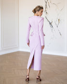 ELAGIA Paola Dusty-Pink Button-Detail Long Sleeve Peplum Midi Dress back view - 3 piece women's suit purple business suit