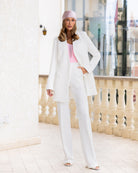 White Collarless Double-Breasted Longline 2-Piece – Crepe, back view