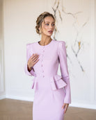ELAGIA Paola Dusty-Pink Button-Detail Long Sleeve Peplum Midi Dress detail view - 3 piece women's suit purple business suit