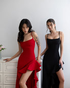 Bianca Black Asymmetric Ruffled Slip Midi Dress - view 7 | ELAGIA