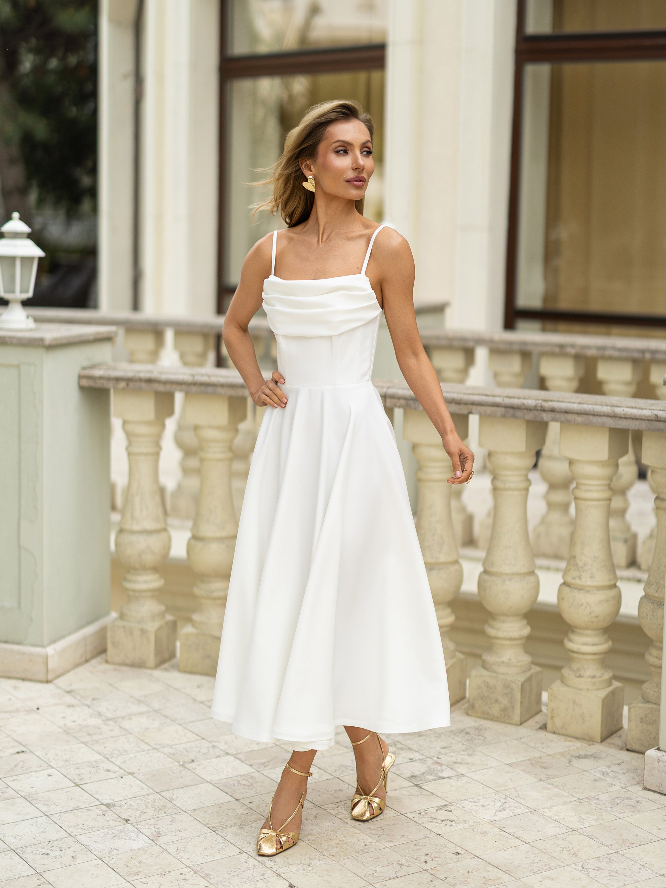 Nefeli White Cowl-Neck A-Line Spaghetti-Strap Midi Dress