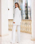 White Collarless Double-Breasted Longline 2-Piece – Crepe, side profile