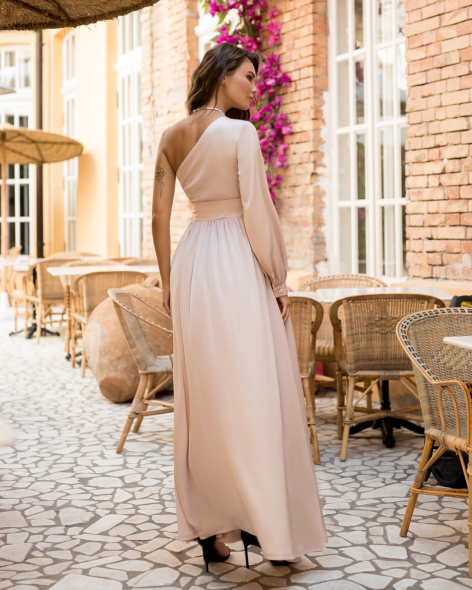 Beige Silk One-Shoulder Midi Dress