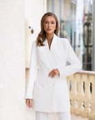 White Double-Breasted Longline – Crepe fabric texture and button detail
