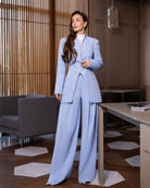 ELAGIA Avra Sky-Blue Asymmetric Double-Breasted Longline Blazer Suit 2-Piece texture detail - 3 piece women's suit