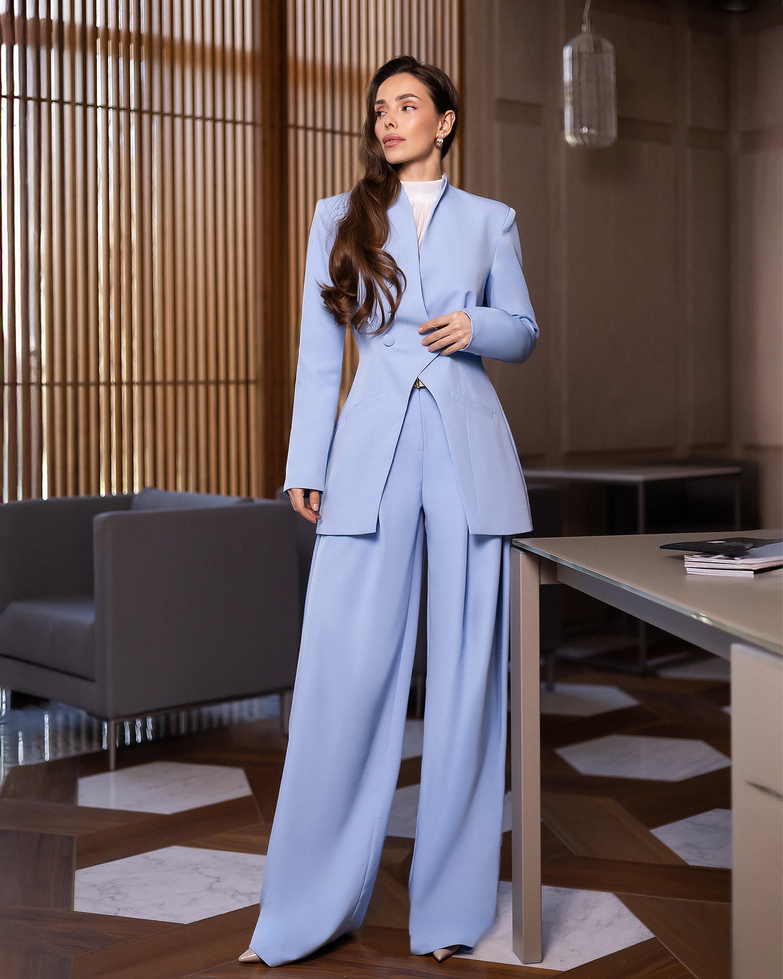 ELAGIA Avra Sky-Blue Asymmetric Double-Breasted Longline Blazer Suit 2-Piece texture detail - 3 piece women's suit