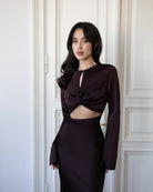 ELAGIA Novelle Brown Satin Twist-Front Cut-Out Maxi Dress detail - 3 piece women's suit purple business suit women