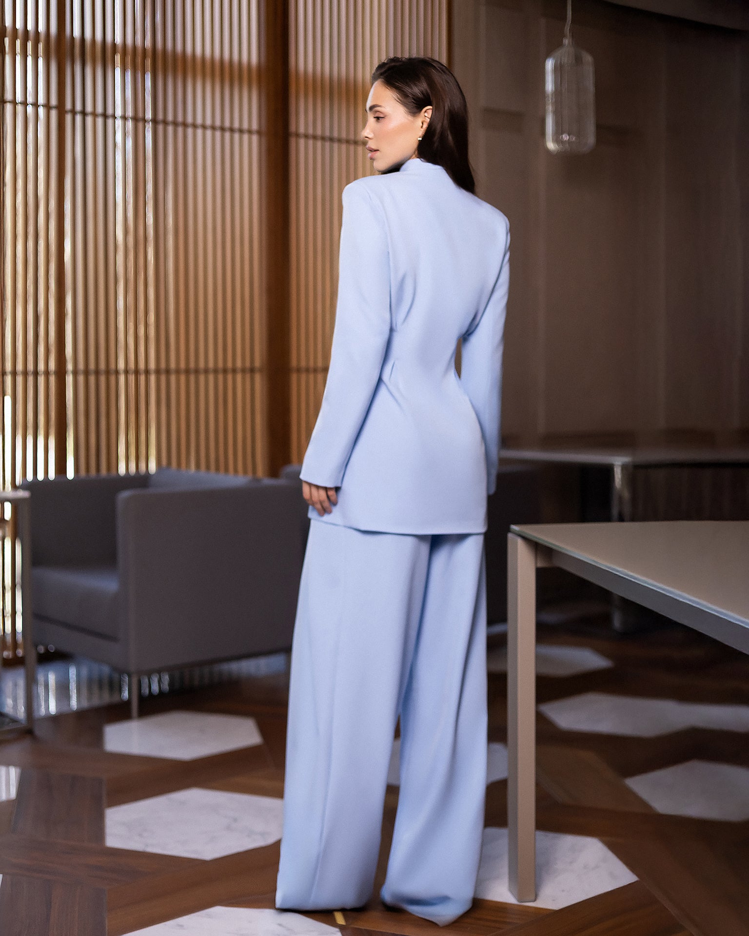 ELAGIA Avra Sky-Blue Asymmetric Double-Breasted Longline Blazer Suit 2-Piece button detail - purple business suit women