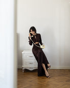 ELAGIA Novelle Brown Satin Twist-Front Cut-Out Maxi Dress detail - 3 piece women's suit purple business suit women