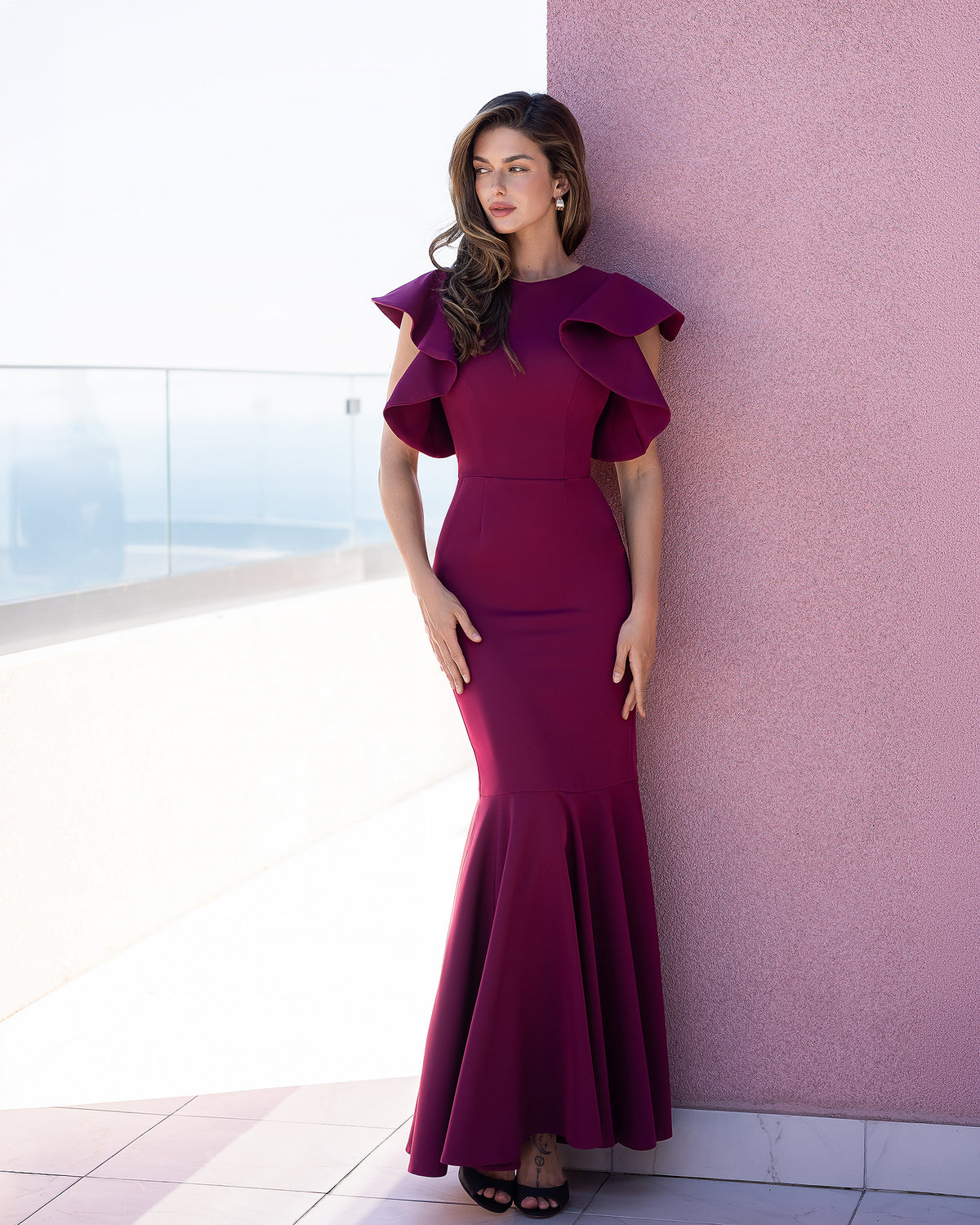 Anthea Bordeaux Open-Back Ruffle-Sleeve Mermaid Maxi Dress