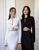 ELAGIA Novelle White Satin Twist-Front Cut-Out Maxi Dress twist detail - modern 3 piece women's suit purple business suit wom