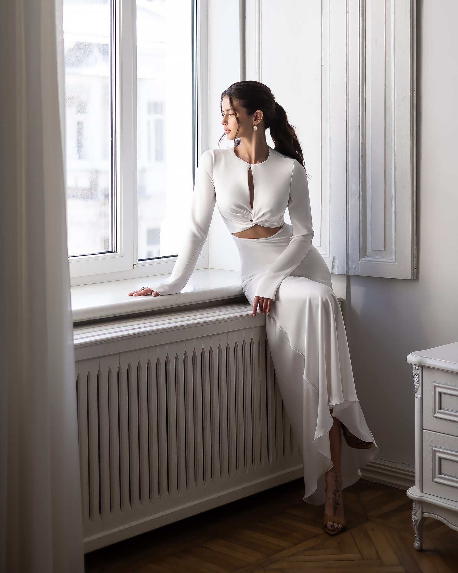 ELAGIA Novelle White Satin Twist-Front Cut-Out Maxi Dress cut-out detail - trendy 3 piece women's suit purple business suit w