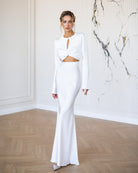 ELAGIA Novelle White Satin Twist-Front Cut-Out Maxi Dress front view - chic 3 piece women's suit purple business suit women