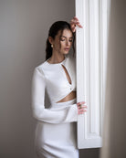 ELAGIA Novelle White Satin Twist-Front Cut-Out Maxi Dress front view - elegant 3 piece women's suit alternative