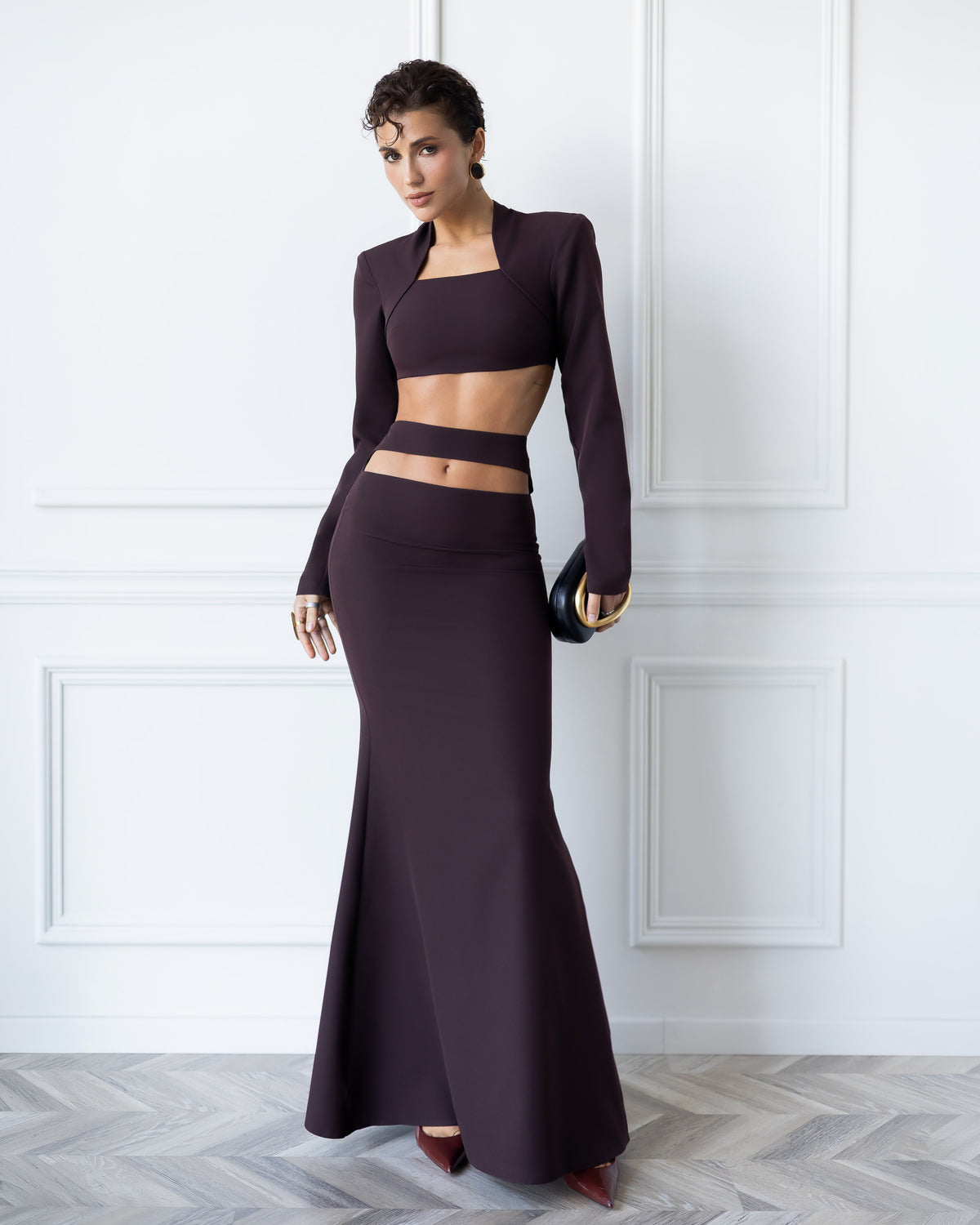 Elettra Brown Cut-Out Long-Sleeve Top & Maxi Skirt 2-Piece Set