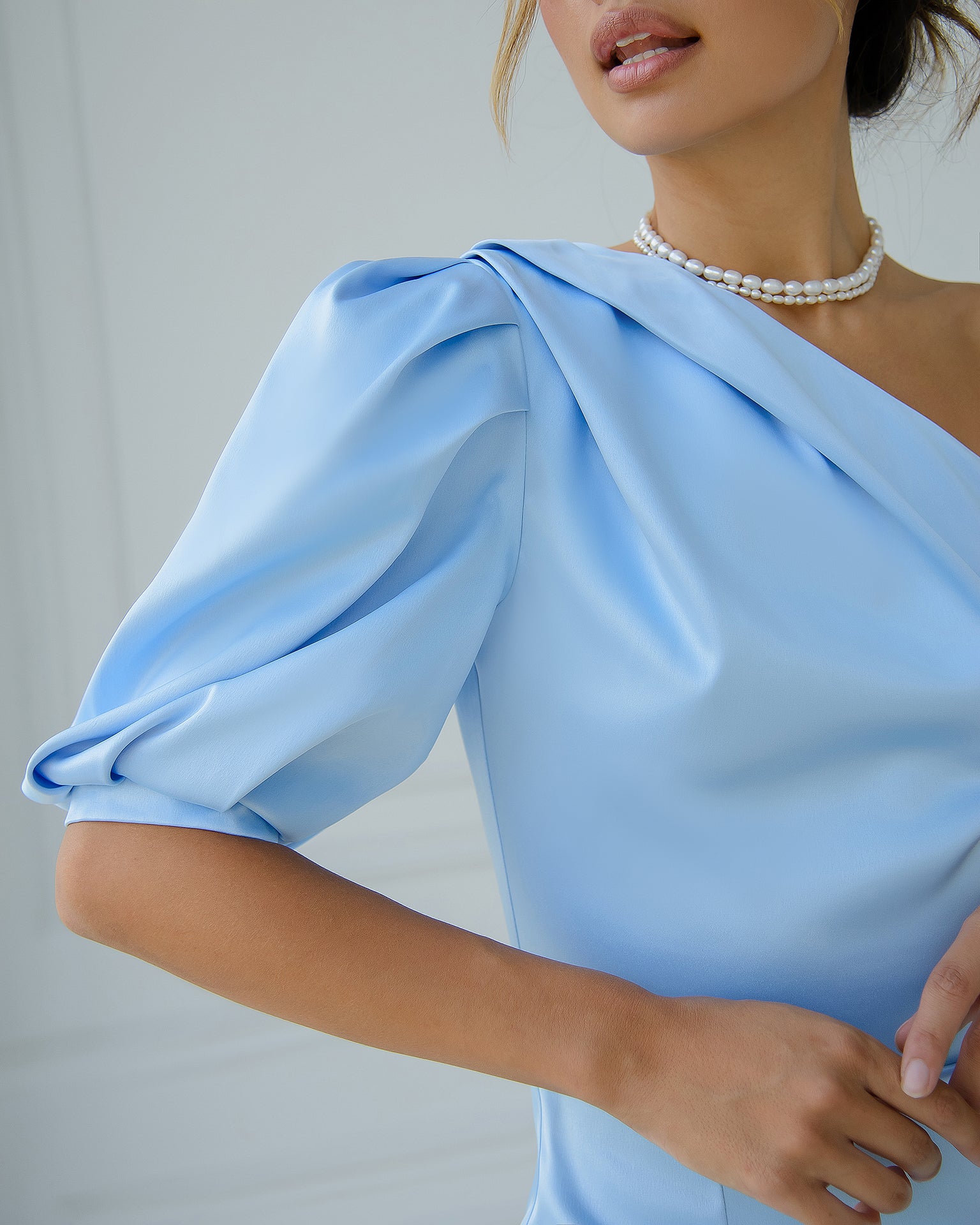 Sky-Blue Satin One-Shoulder Midi Dress