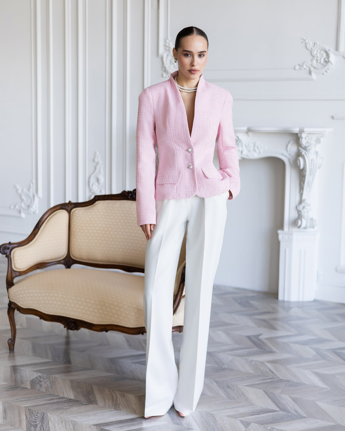Eulalia Pink Bouclé Tweed Single-Breasted Long-Sleeve Blazer