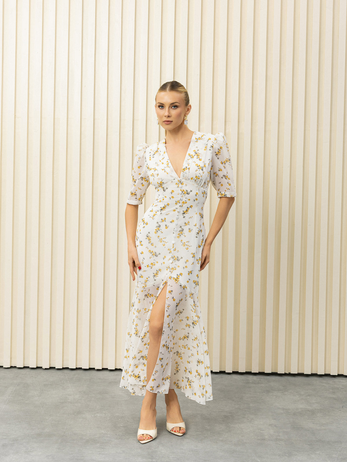 Ianthe White Floral-Print V-Neck Puff-Sleeve Midi Dress