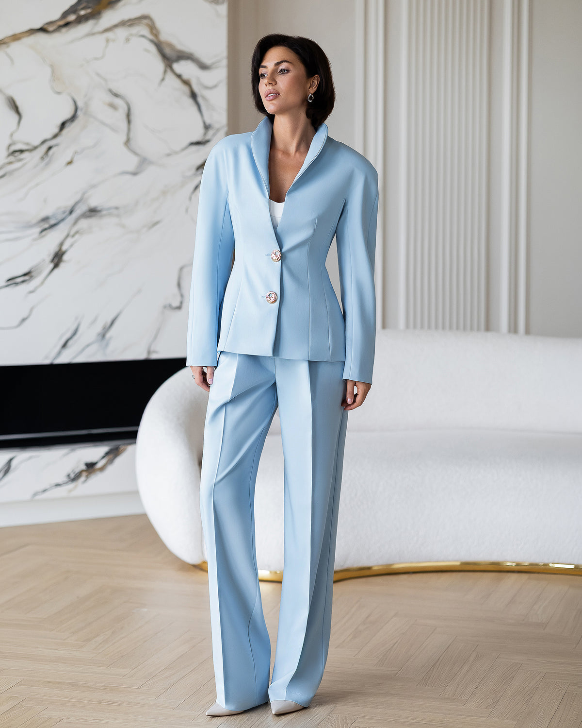 Solange Sky-Blue Puff-Sleeve Single-Breasted Suit 2-Piece