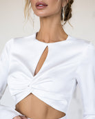 ELAGIA Novelle White Satin Twist-Front Cut-Out Maxi Dress close-up detail - quality 3 piece women's suit purple business suit