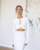 ELAGIA Novelle White Satin Twist-Front Cut-Out Maxi Dress detail view - luxurious 3 piece women's suit purple business suit w