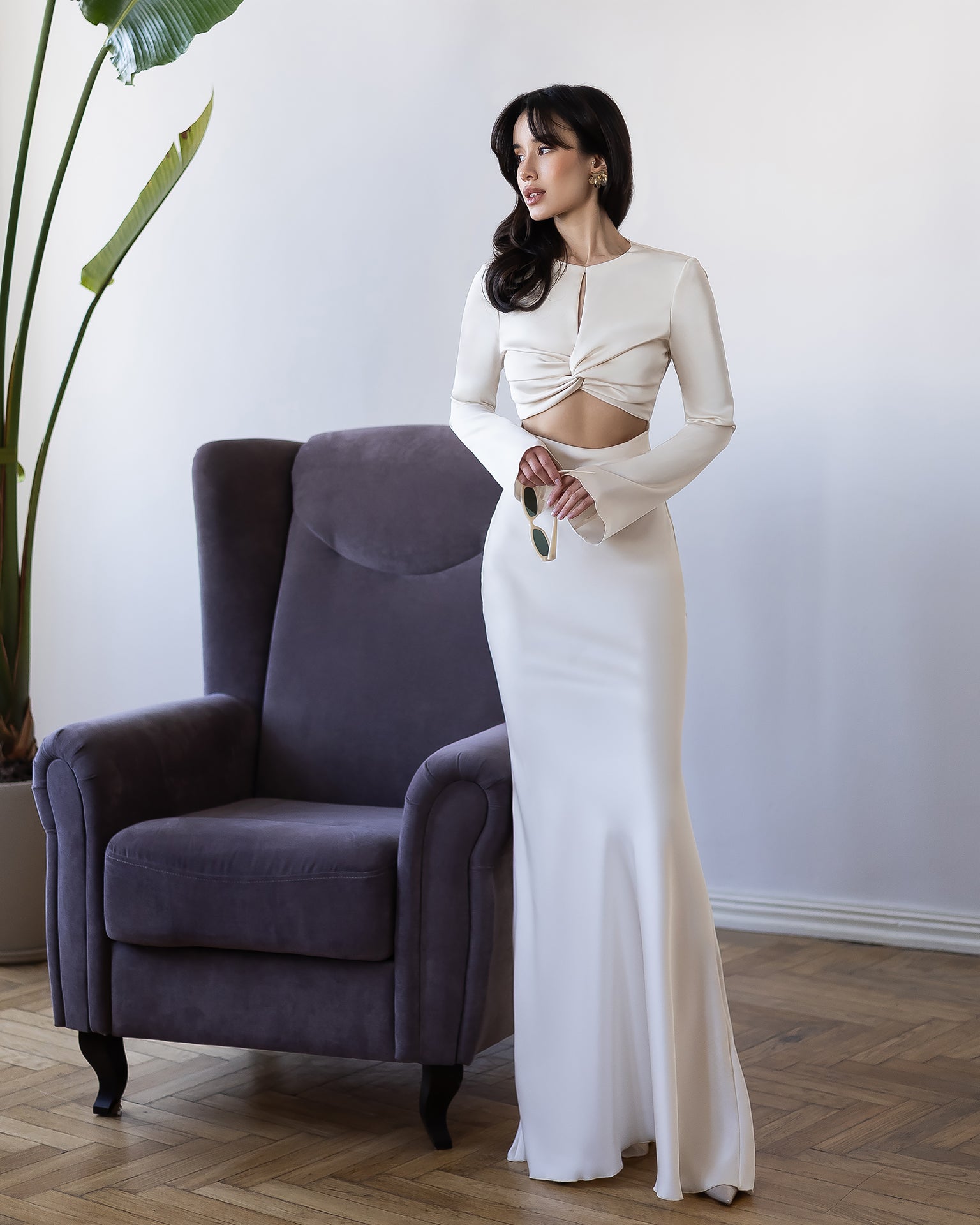 ELAGIA Novelle Beige Satin Twist-Front Cut-Out Maxi Dress detail view - elegant 3 piece women's suit purple business suit wom