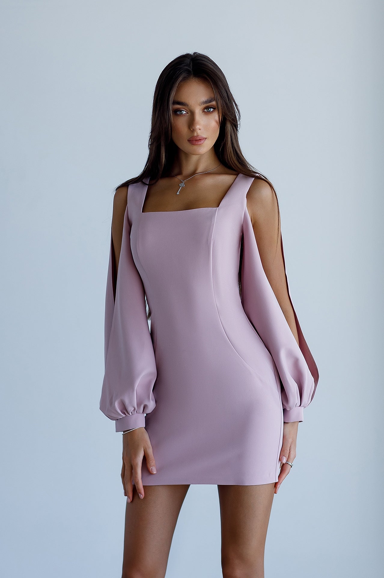 Dusty Pink Square Neck Сut-Out Sleeve Mini Dress
