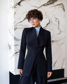 ELAGIA Avra Black Asymmetric Double-Breasted Longline Blazer Suit 2-Piece back view - purple business suit women style