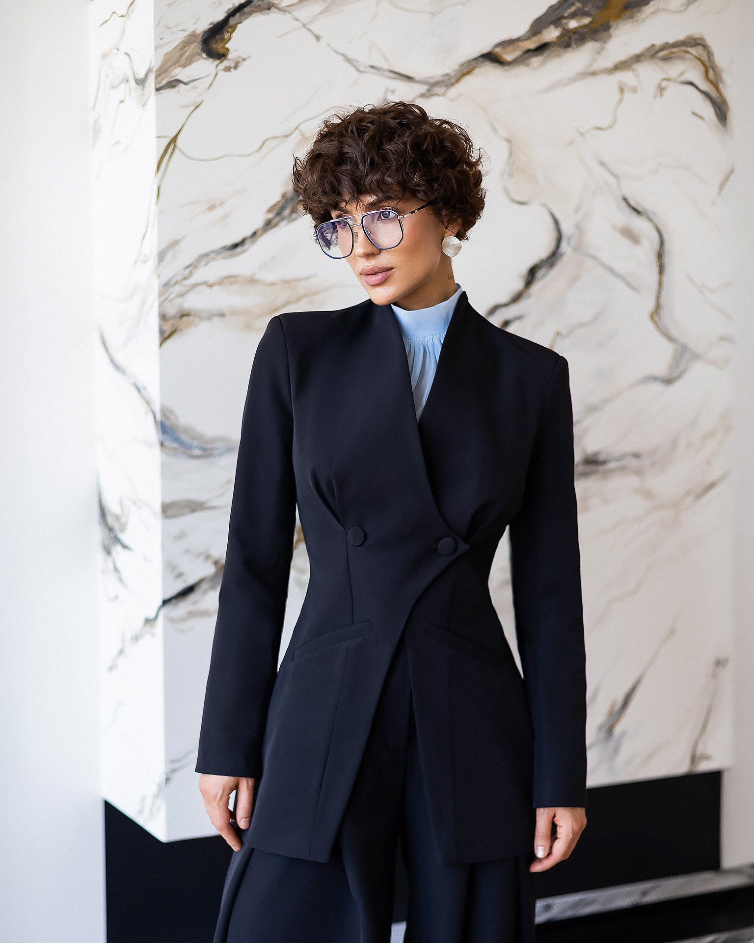 ELAGIA Avra Black Asymmetric Double-Breasted Longline Blazer Suit 2-Piece back view - purple business suit women style