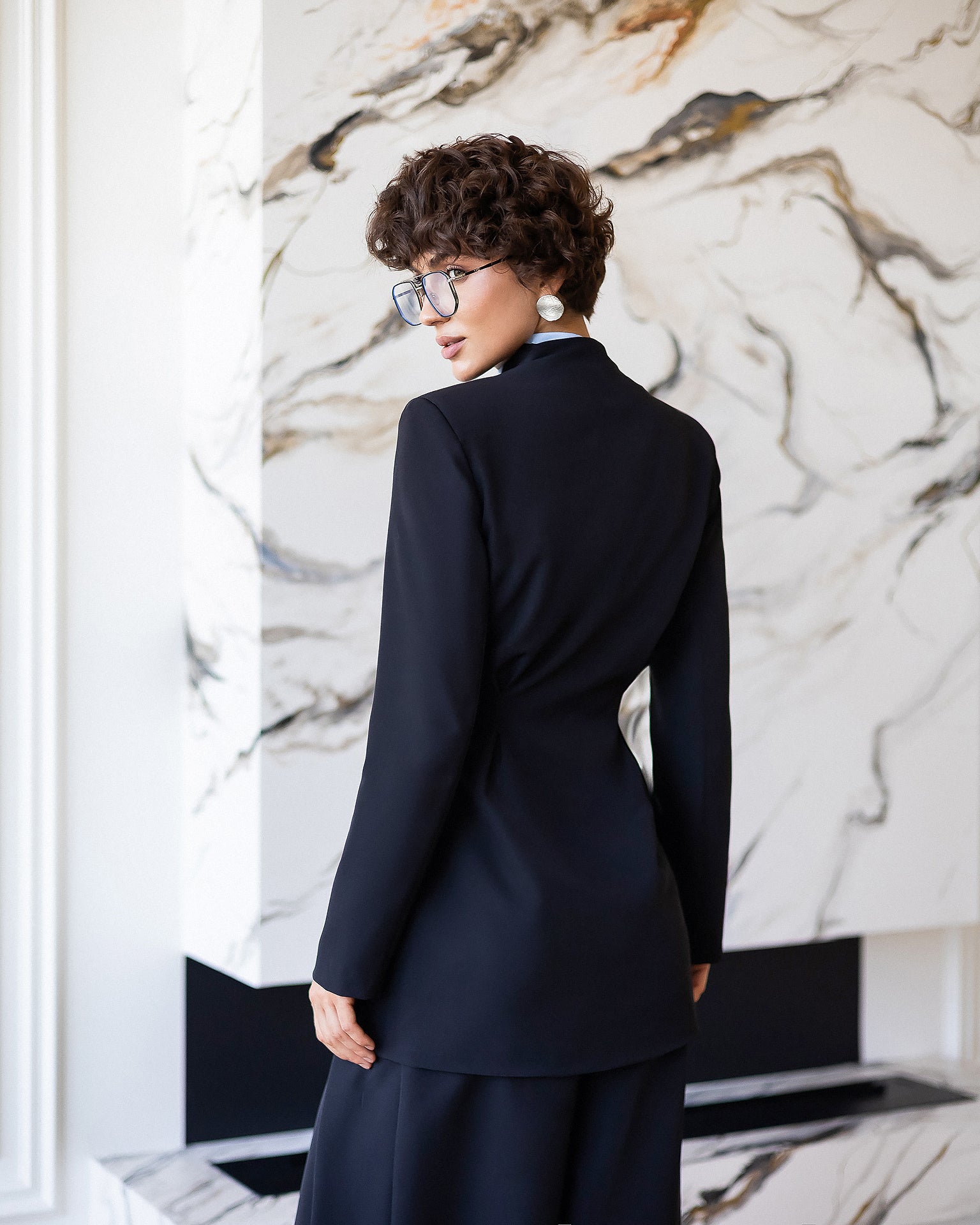 ELAGIA Avra Black Asymmetric Double-Breasted Longline Blazer Suit 2-Piece detail shot - 3 piece women's suit design