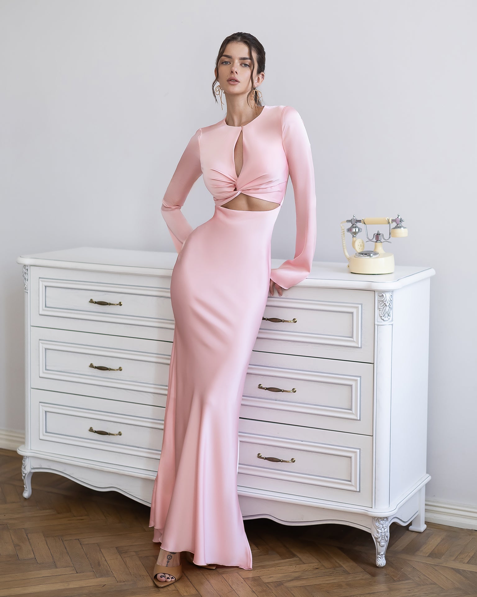 ELAGIA Novelle Pink Satin Twist-Front Cut-Out Maxi Dress front view - elegant purple business suit women style dress