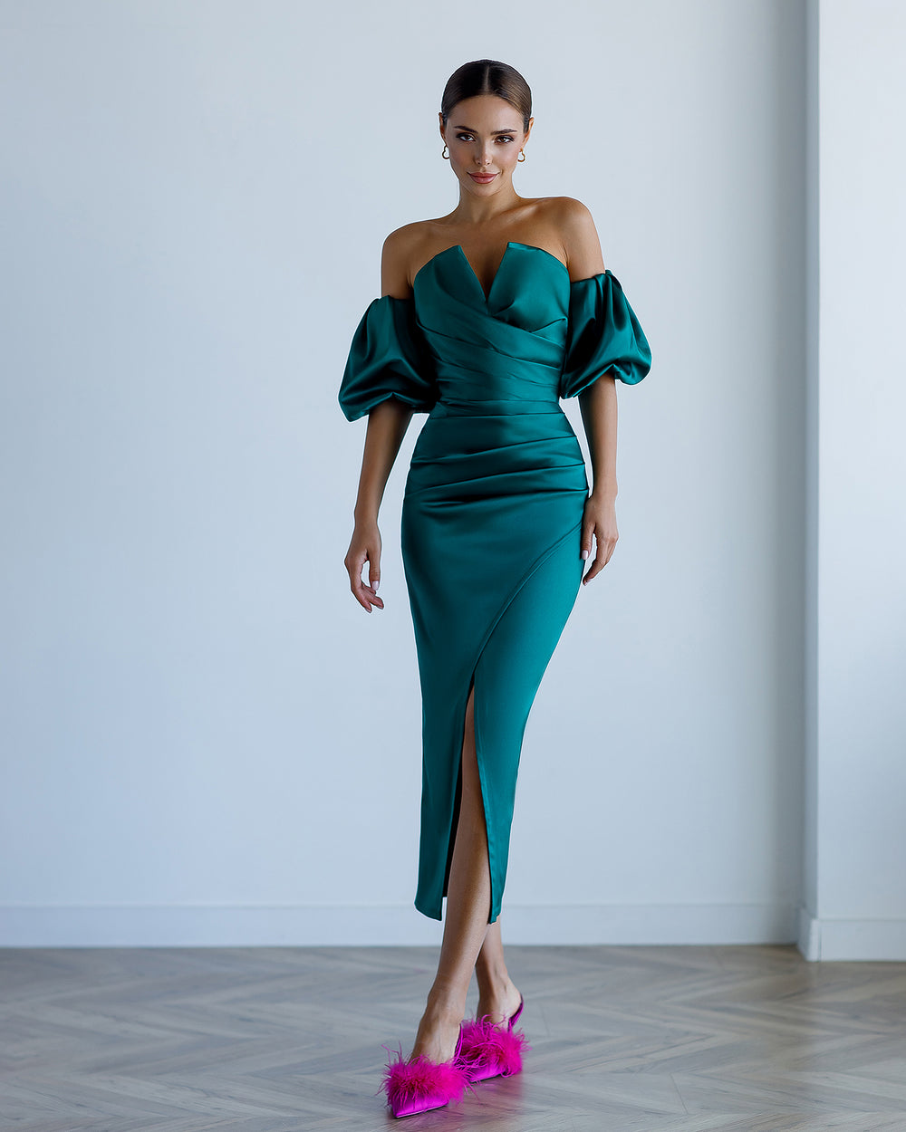 Emerald Satin Puff-Sleeve Midi Dress