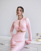 ELAGIA Novelle Pink Satin Twist-Front Cut-Out Maxi Dress front view - sophisticated 3 piece women's suit style