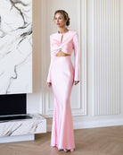 ELAGIA Novelle Pink Satin Twist-Front Cut-Out Maxi Dress front view - chic 3 piece women's suit style evening wear