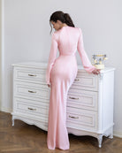 ELAGIA Novelle Pink Satin Twist-Front Cut-Out Maxi Dress front view - refined 3 piece women's suit silhouette