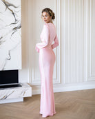 ELAGIA Novelle Pink Satin Twist-Front Cut-Out Maxi Dress front view - stunning purple business suit women inspired gown