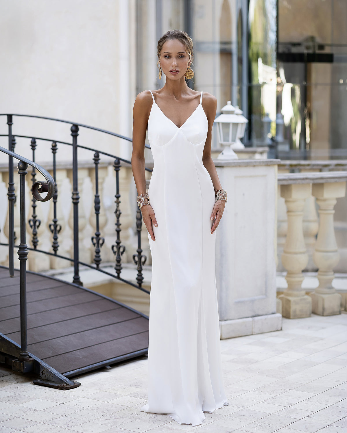 Clémence White Satin V-Neck Open-Back Maxi Dress