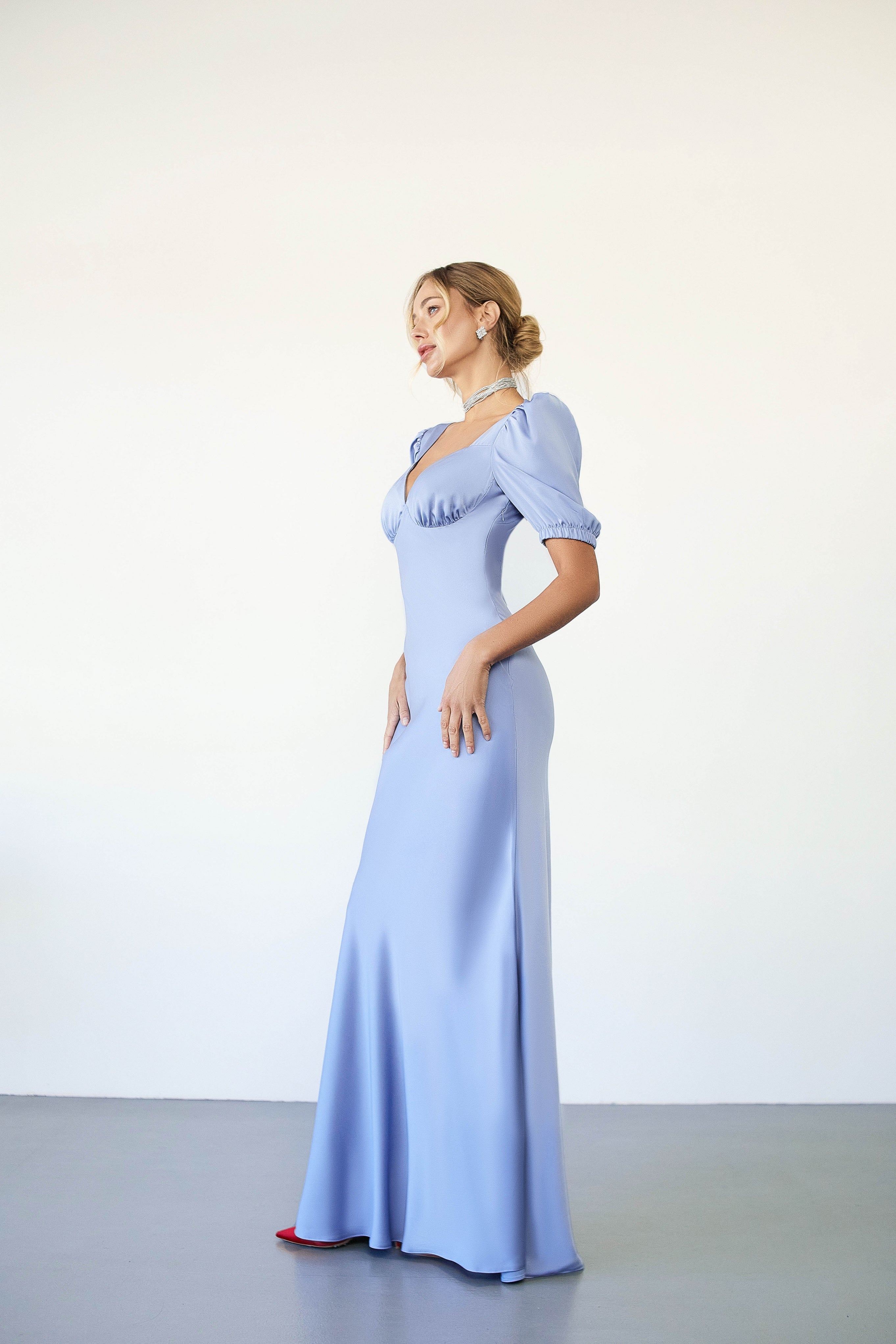 Sky-Blue Satin Puff Sleeve Maxi Dress