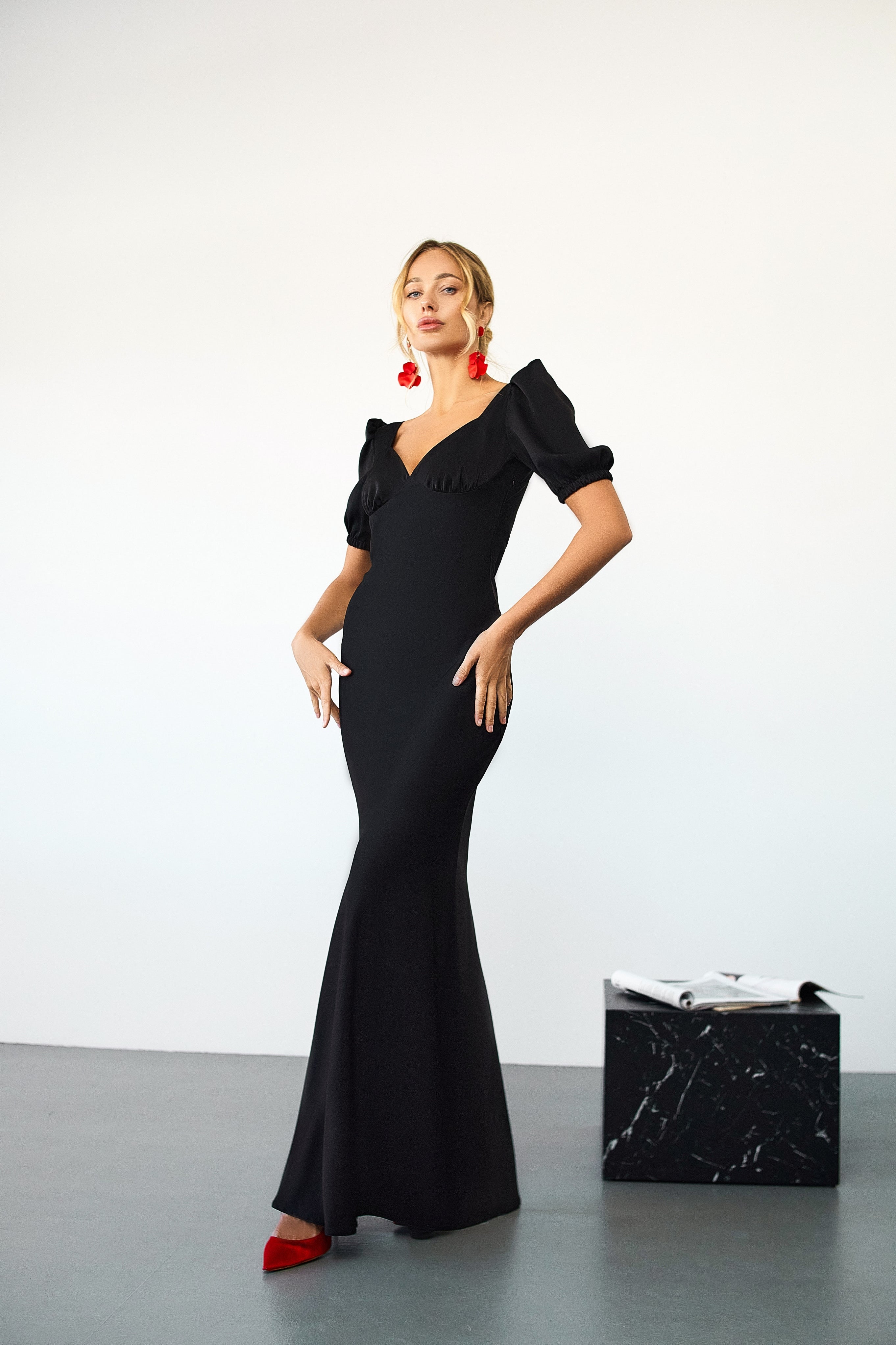 Black Satin Puff Sleeve Maxi Dress