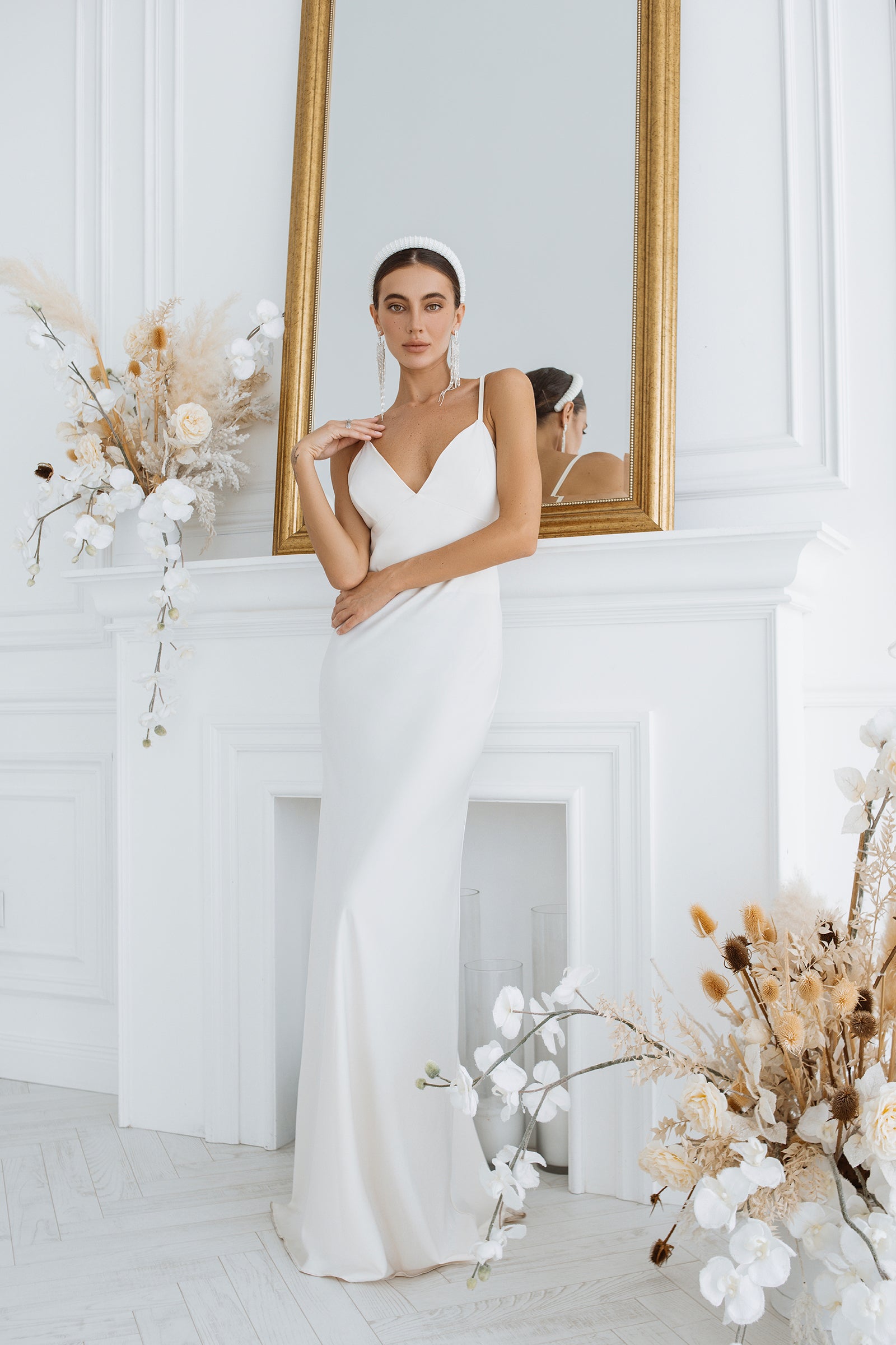 White satin slip wedding dress sales