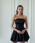 Monica Black Satin Strapless Mini Dress - back view | ELAGIA