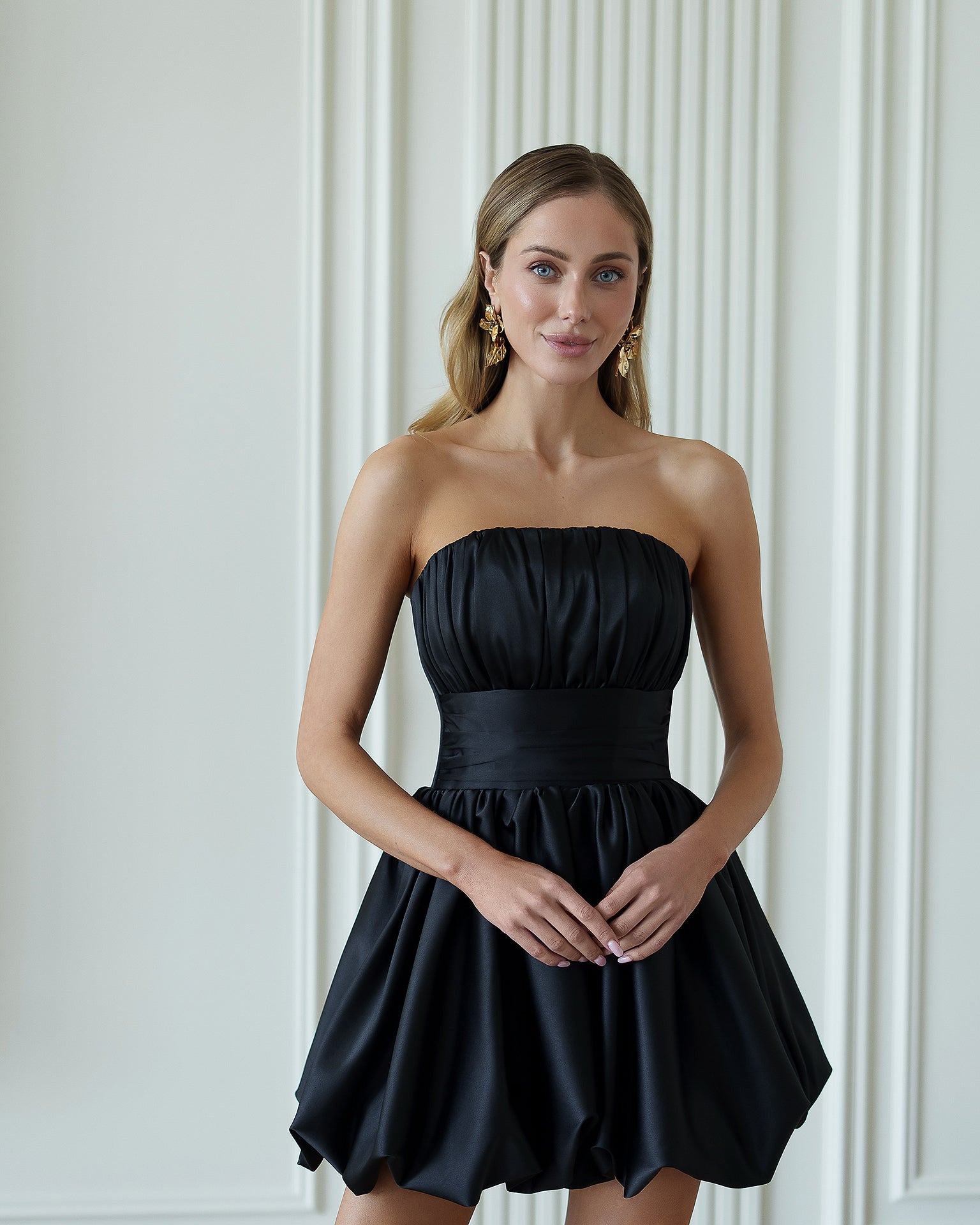 Monica Black Satin Strapless Mini Dress - back view | ELAGIA